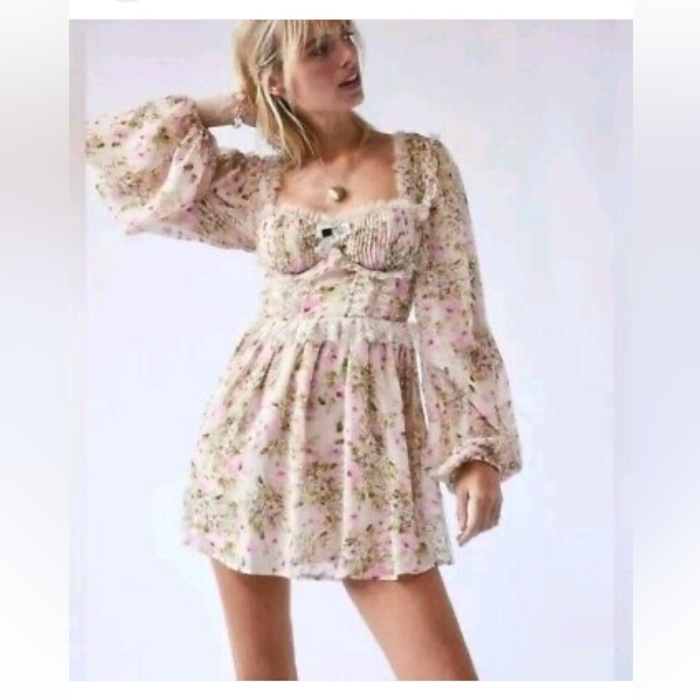 For Love & Lemons Floral Mini Dress in Blush Pink and Cream